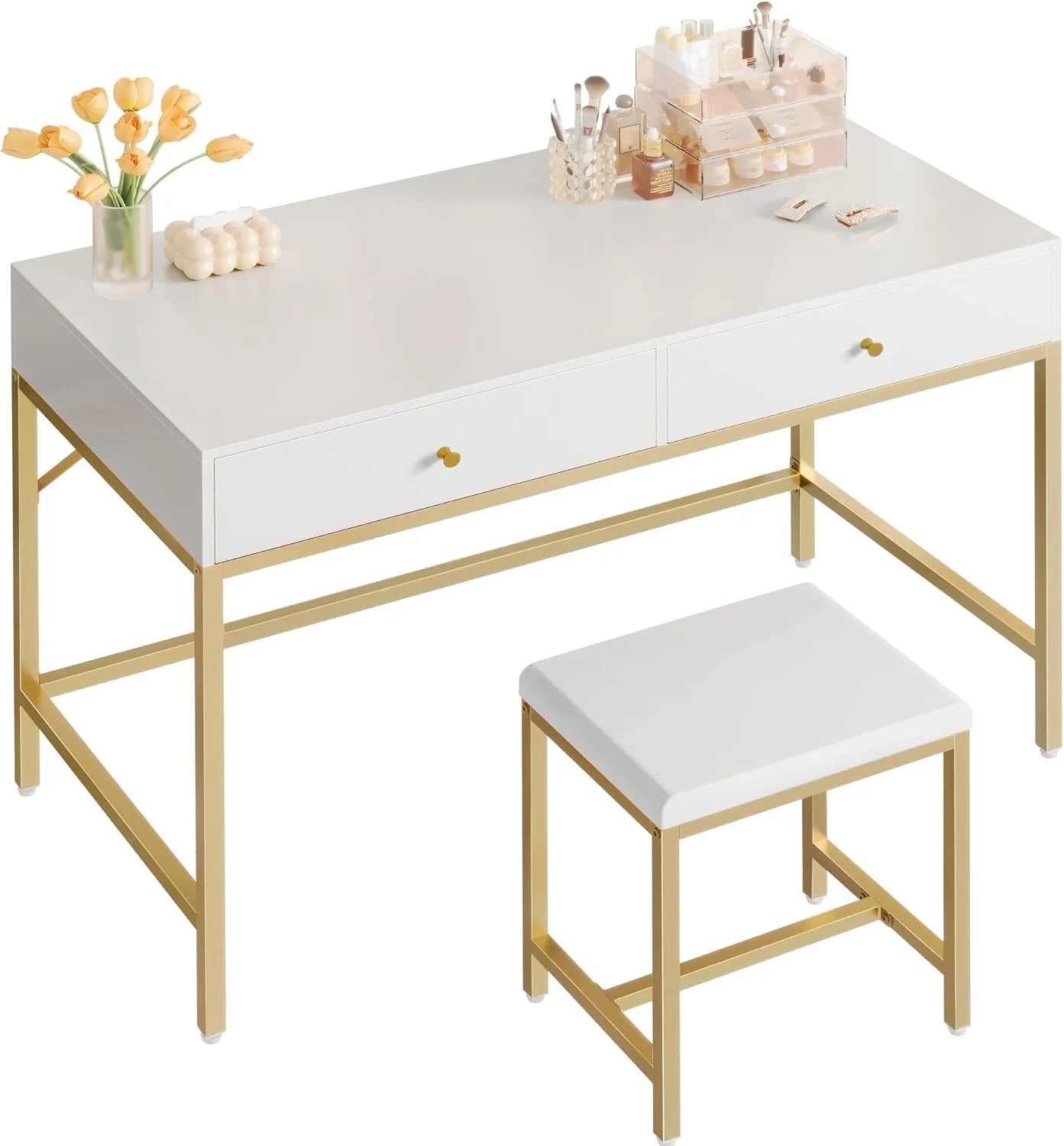 SUPERJARE 35.4 White and Gold Desk with 2 Drawers, Modern Makeup Vanity