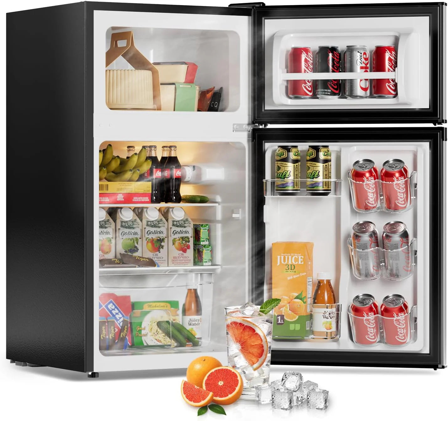 3.2 Cu Ft Mini Fridge with Freezer - Energy Efficient, Double Door Upright Freezer for Bedroom