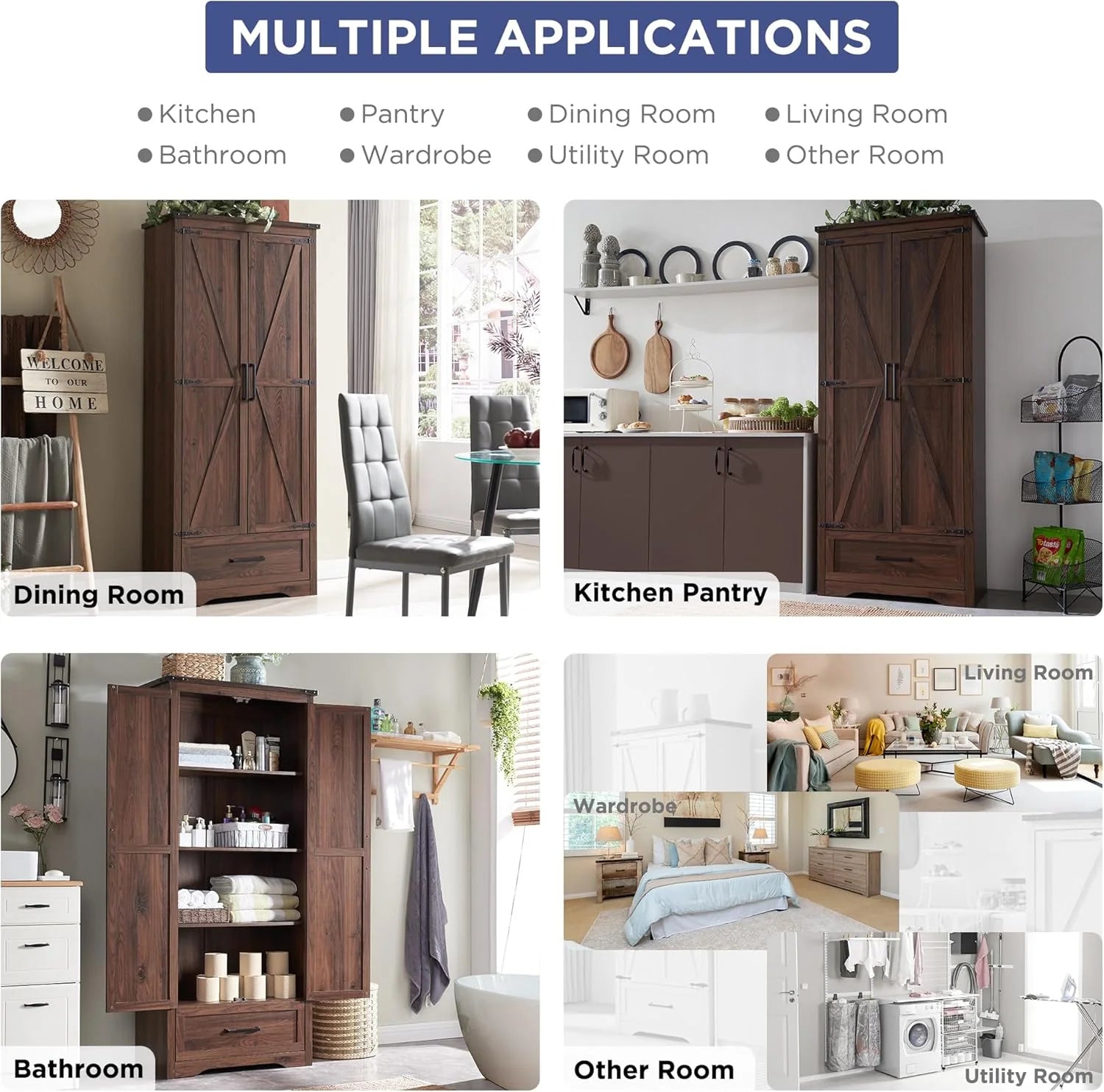 JXQTLINGMU Farmhouse Kitchen Pantry - 72 Tall Wood Kitchen Storage Cabinet with Adjustable Shelves and 2 Barn-Style Doors and Drawers