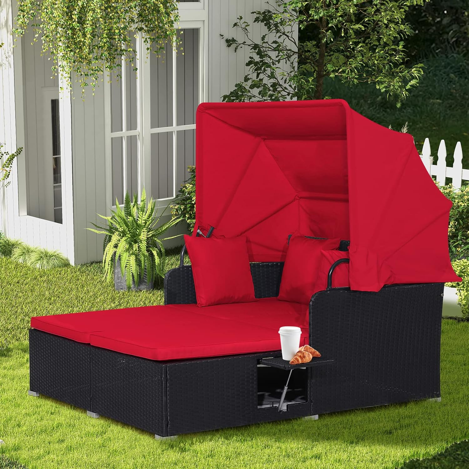 RELAX4LIFE Patio Outdoor Daybed with Canopy Wicker Sunbed Cushions 4 Pillows
