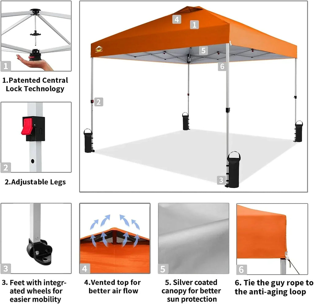 10x10 Pop-Up Awning One-Click Installation Beach Tent Outdoor Sunshade Silver Coated Top