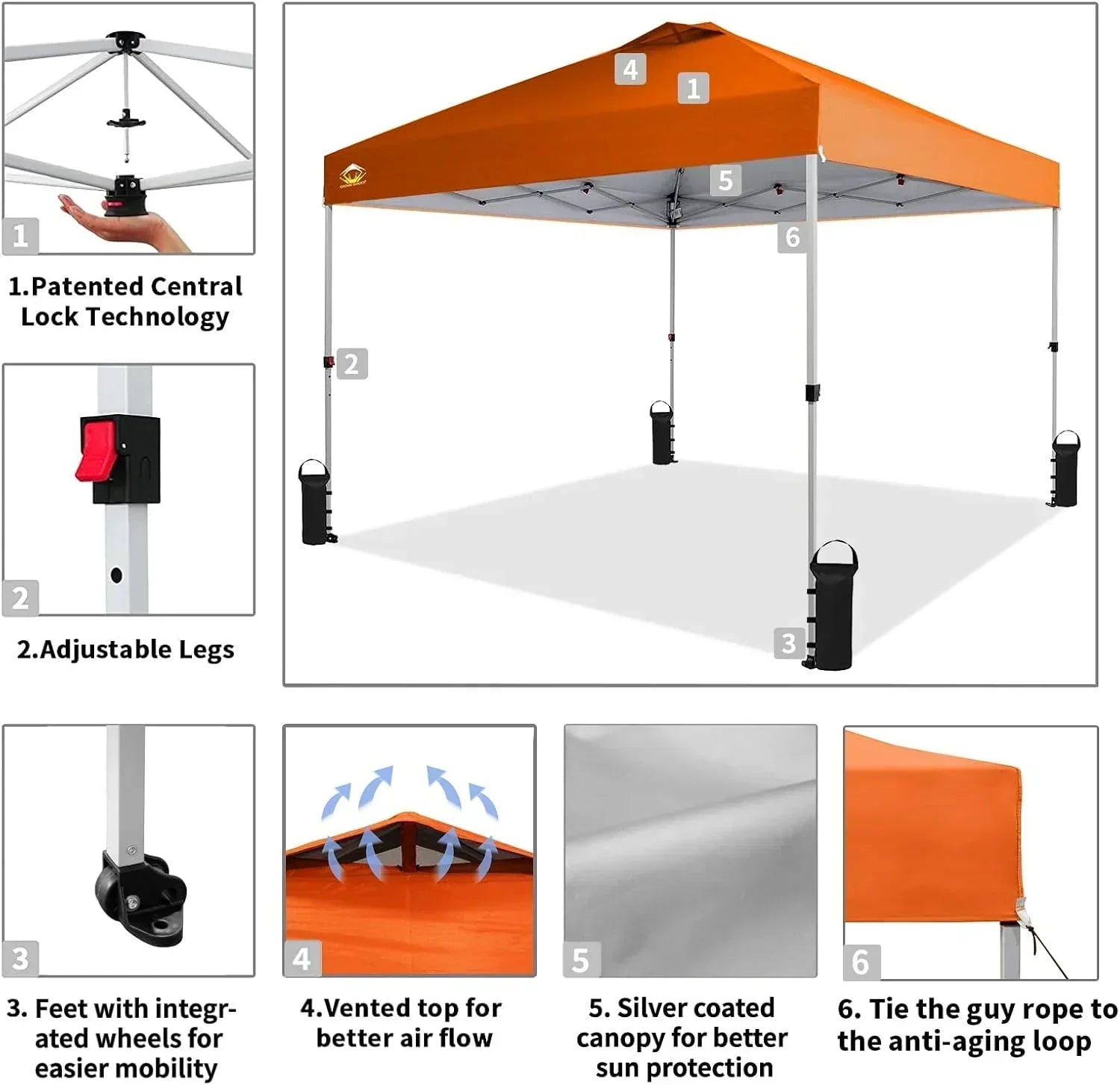 10x10 Pop-Up Awning One-Click Installation Beach Tent Outdoor Sunshade Silver Coated Top