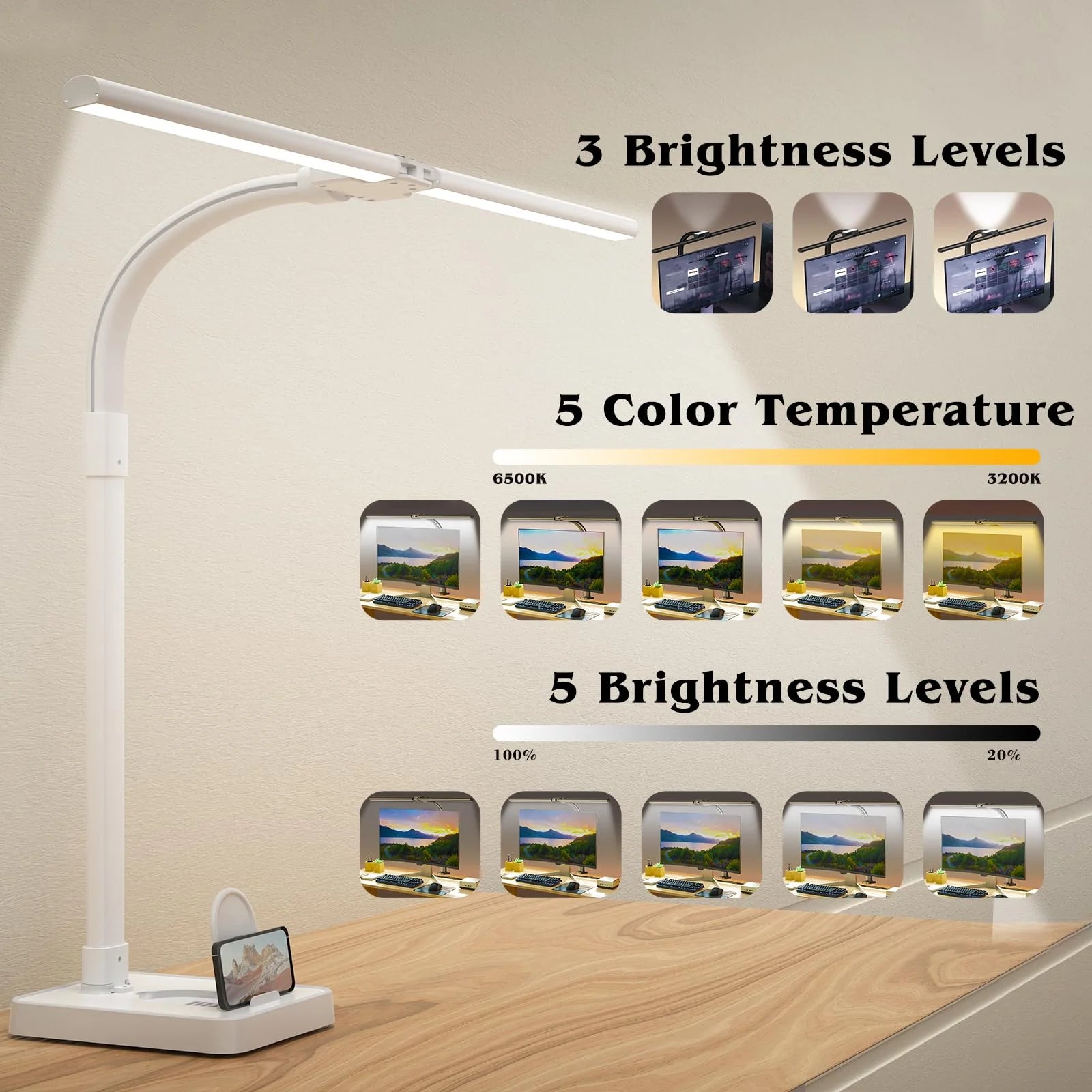 LED Desk Lamp for Home Office Double Head 24W Architect Light with 5 Brightness Levels Flexible Gooseneck