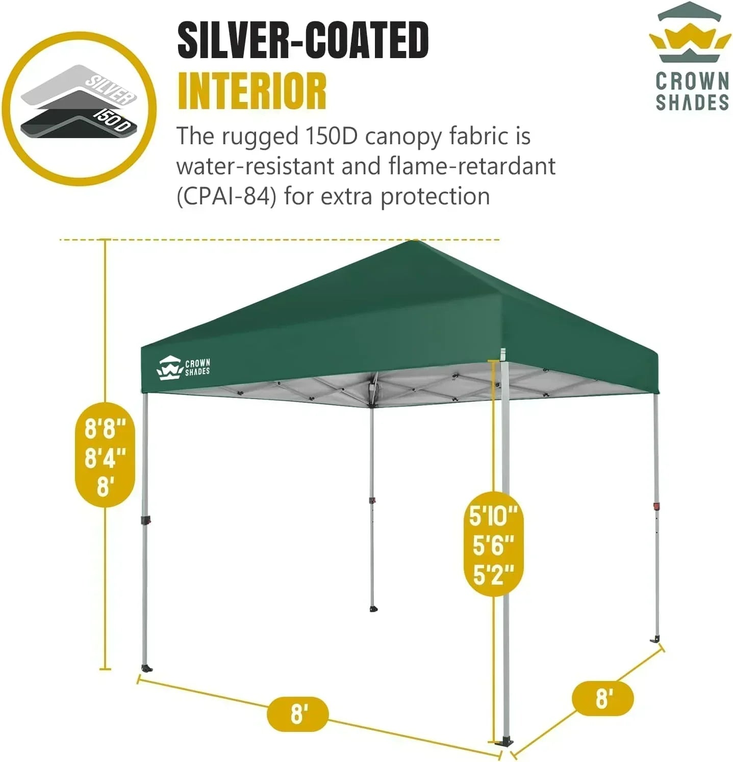 10x10 Pop-Up Awning One-Click Installation Beach Tent Outdoor Sunshade Silver Coated Top