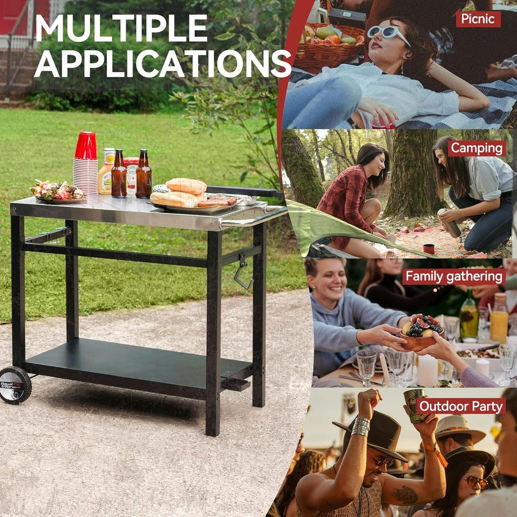 Royal Gourmet Dining Cart Table with Double-Shelf Movable Stainless Steel Flat Top Grill Cart