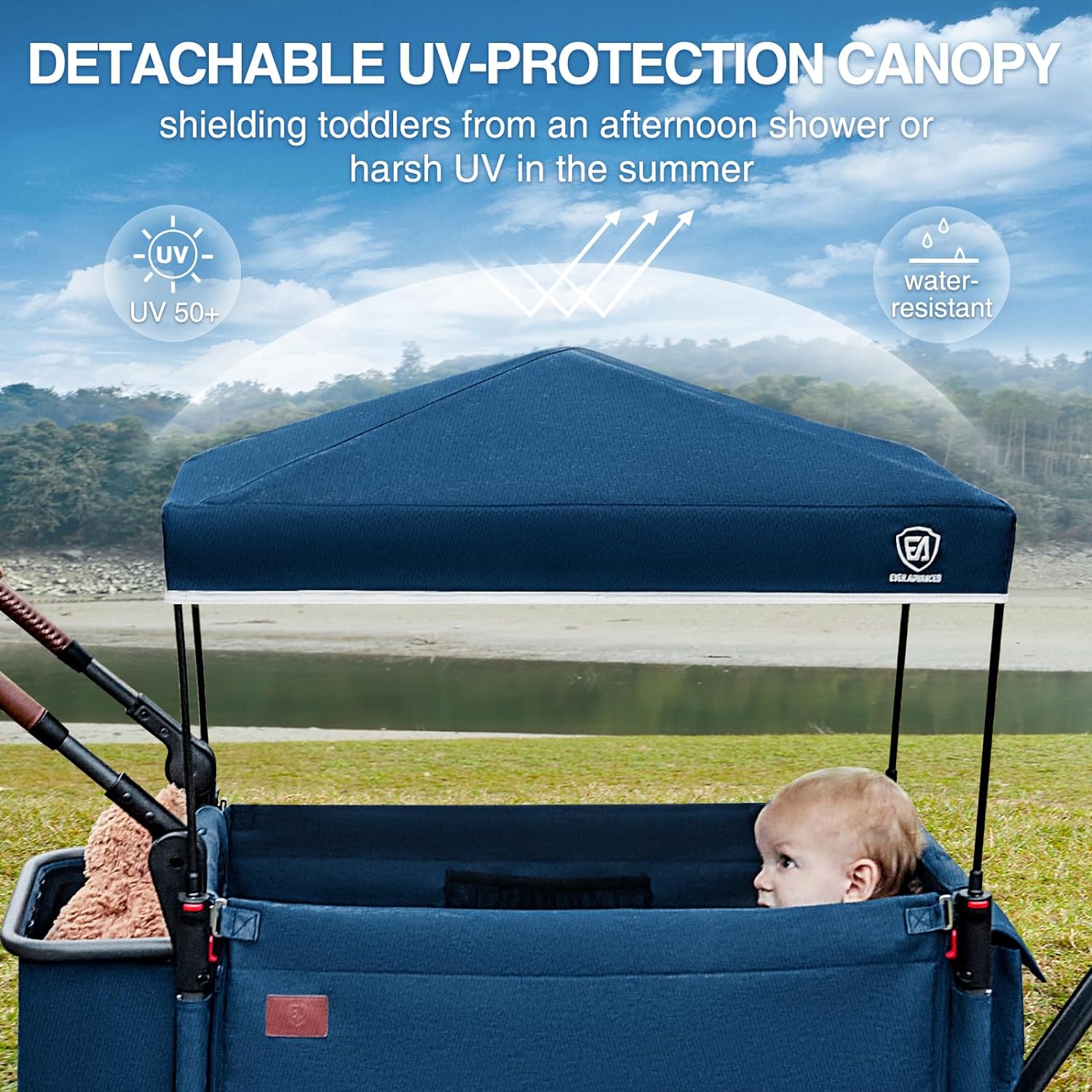 EVER ADVANCED Side-unzip Wagon Stroller for 2 Kids Push Pull Stroller with Adjustable Handle