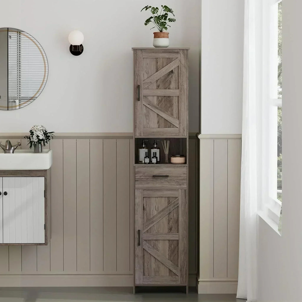 Homhedy 67 H Tall Bathroom Storage Cabinet with 2 Barn Doors and 1 Drawer Narrow Storage Unit