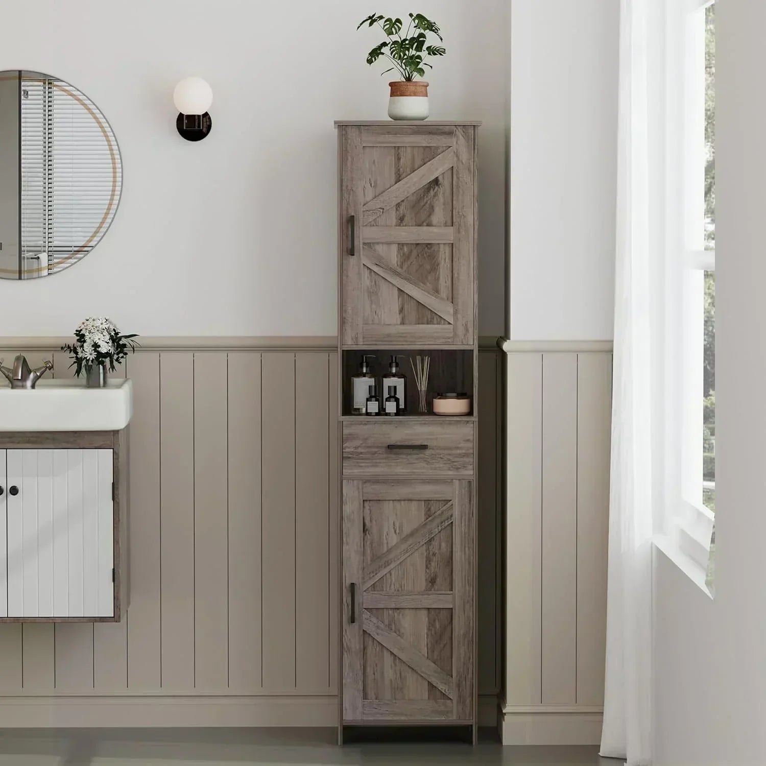 Homhedy 67 H Tall Bathroom Storage Cabinet with 2 Barn Doors and 1 Drawer Narrow Storage Unit