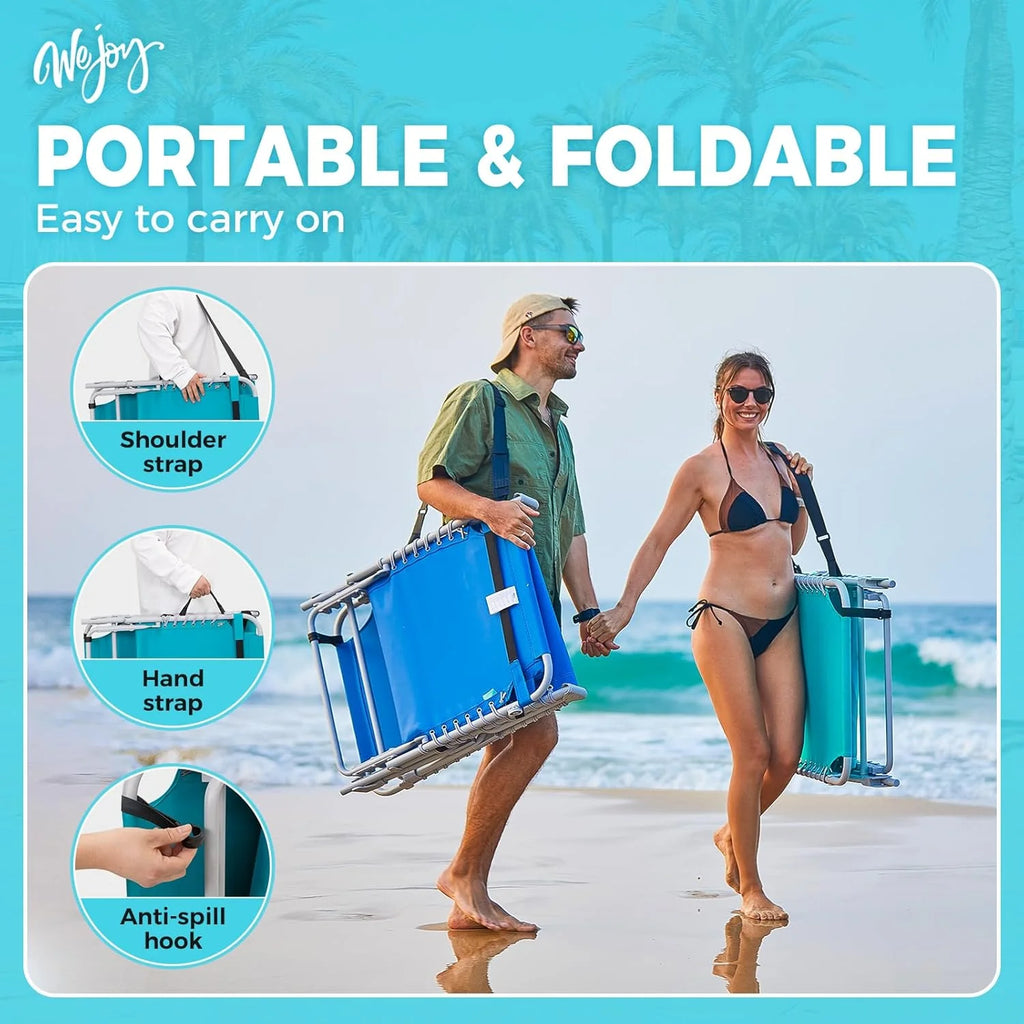 2 Pack Outdoor Chaise Lounge Chair - Portable Folding Patio Pool Lounge Chair, 5 Positions Adjustable Reclining Camping Chair with Side Table,Shoulder Strap, Pillow for Beach Sunbathing Lawn