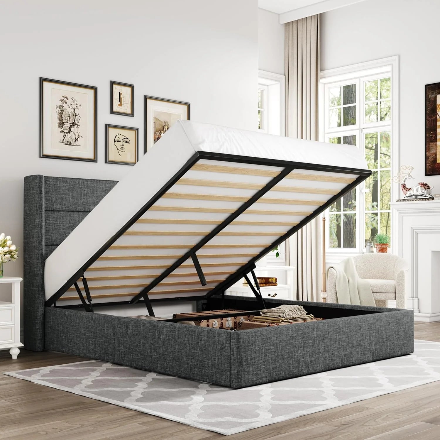 Allewie Queen Size Lift Up Storage Bed Modern Wingback Headboard Hydraulic Support