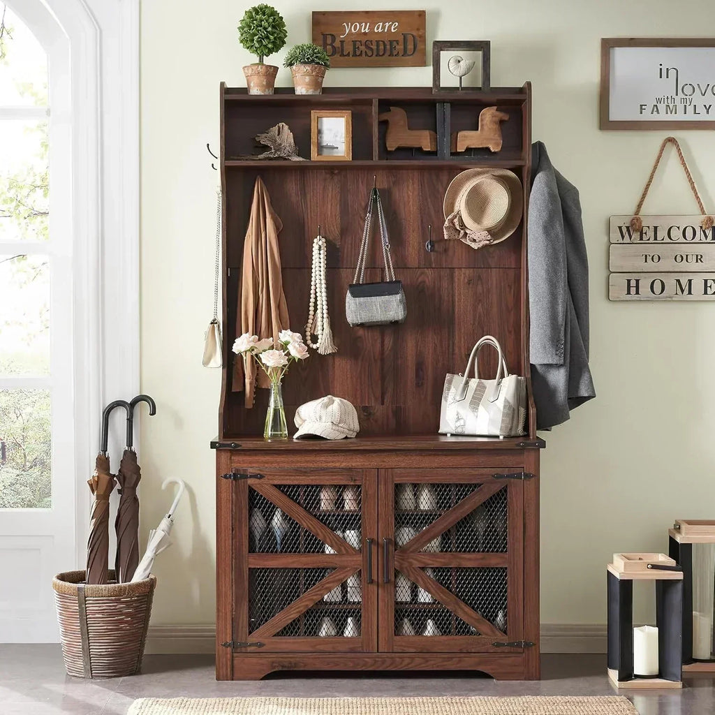 JXQTLINGMU 59-inch Farmhouse Foyer Tree Shoe Storage Entryway Bench Foyer Coat Rack Cabinet