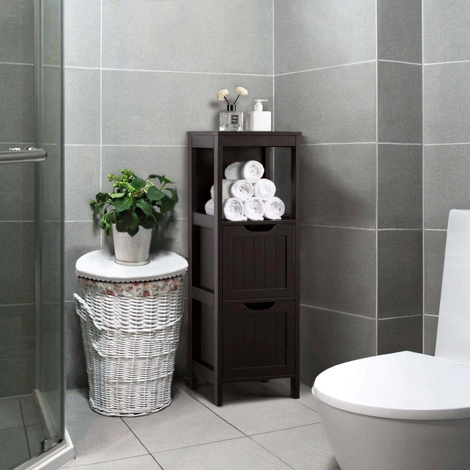 Yaheetech Bathroom Floor Cabinet, Wooden Storage Cabinet with 2 Drawers, Multifunctional Side Organizer Rack Stand Table, White