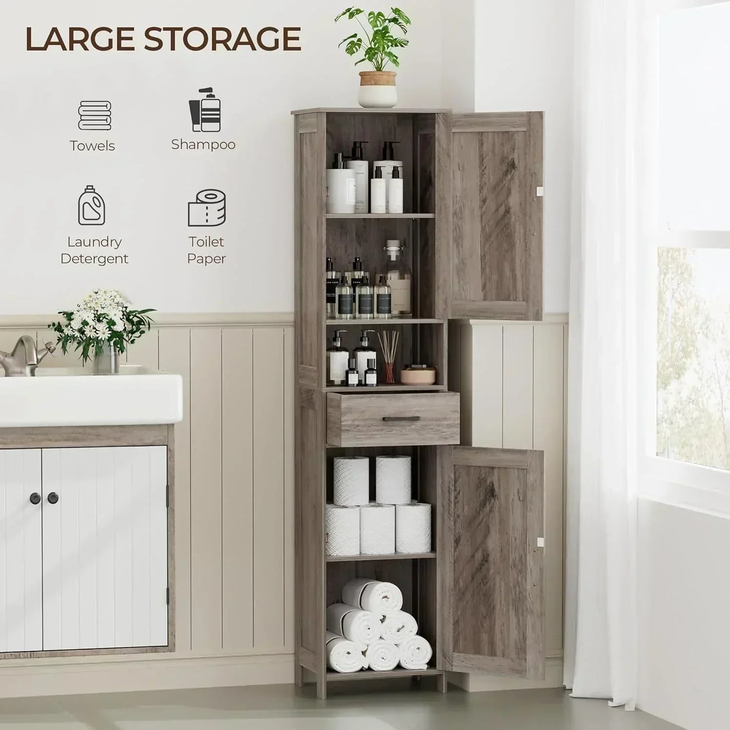 Homhedy 67 H Tall Bathroom Storage Cabinet with 2 Barn Doors and 1 Drawer Narrow Storage Unit