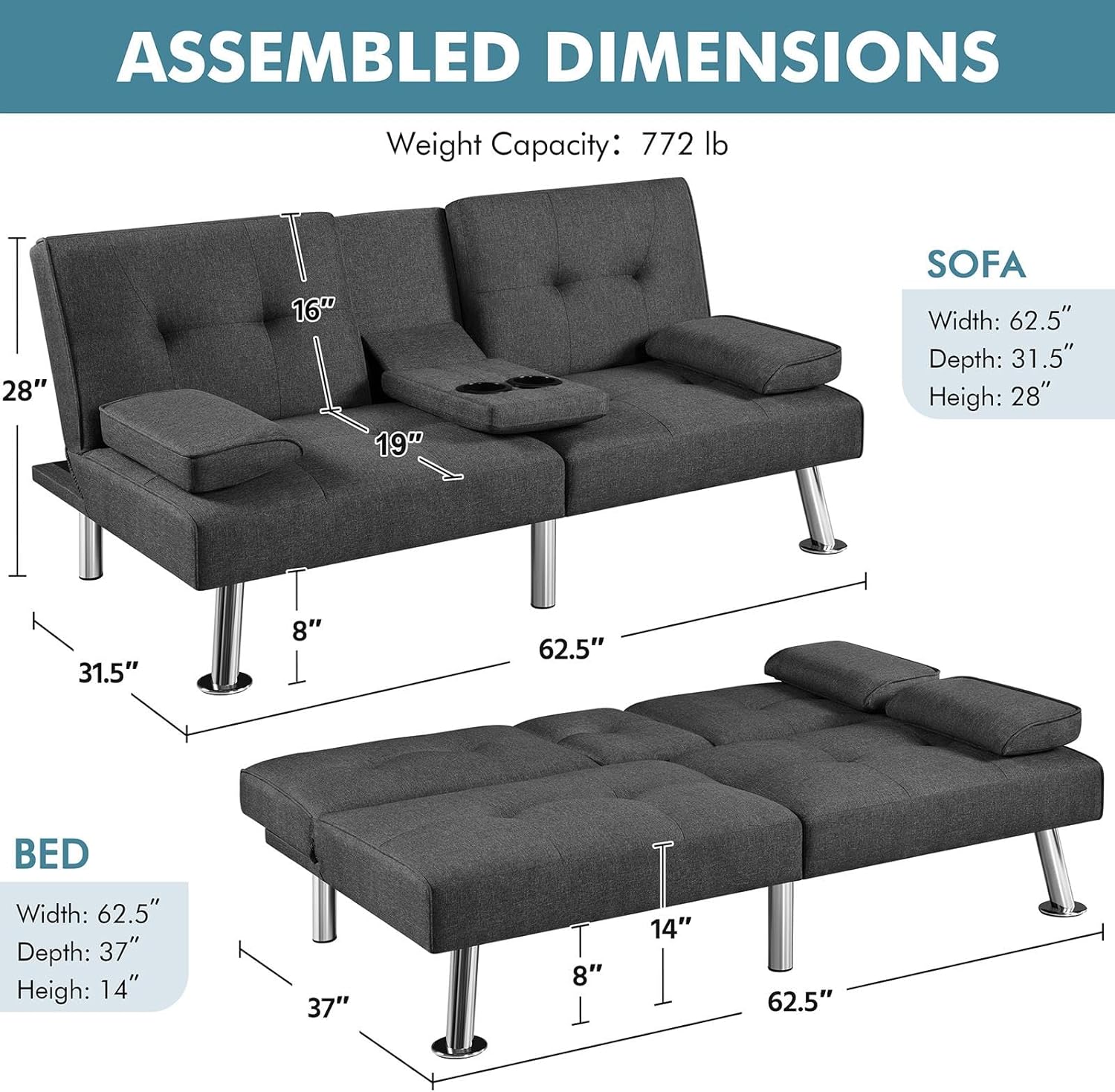 Yaheetech Convertible Sofa Bed Adjustable Couch Sleeper Modern Faux Leather Home Recliner Reversible Loveseat Folding Daybed Guest Bed, Removable Armrests, Cup Holders, 3 Angles, 772lb Capacity, Brown