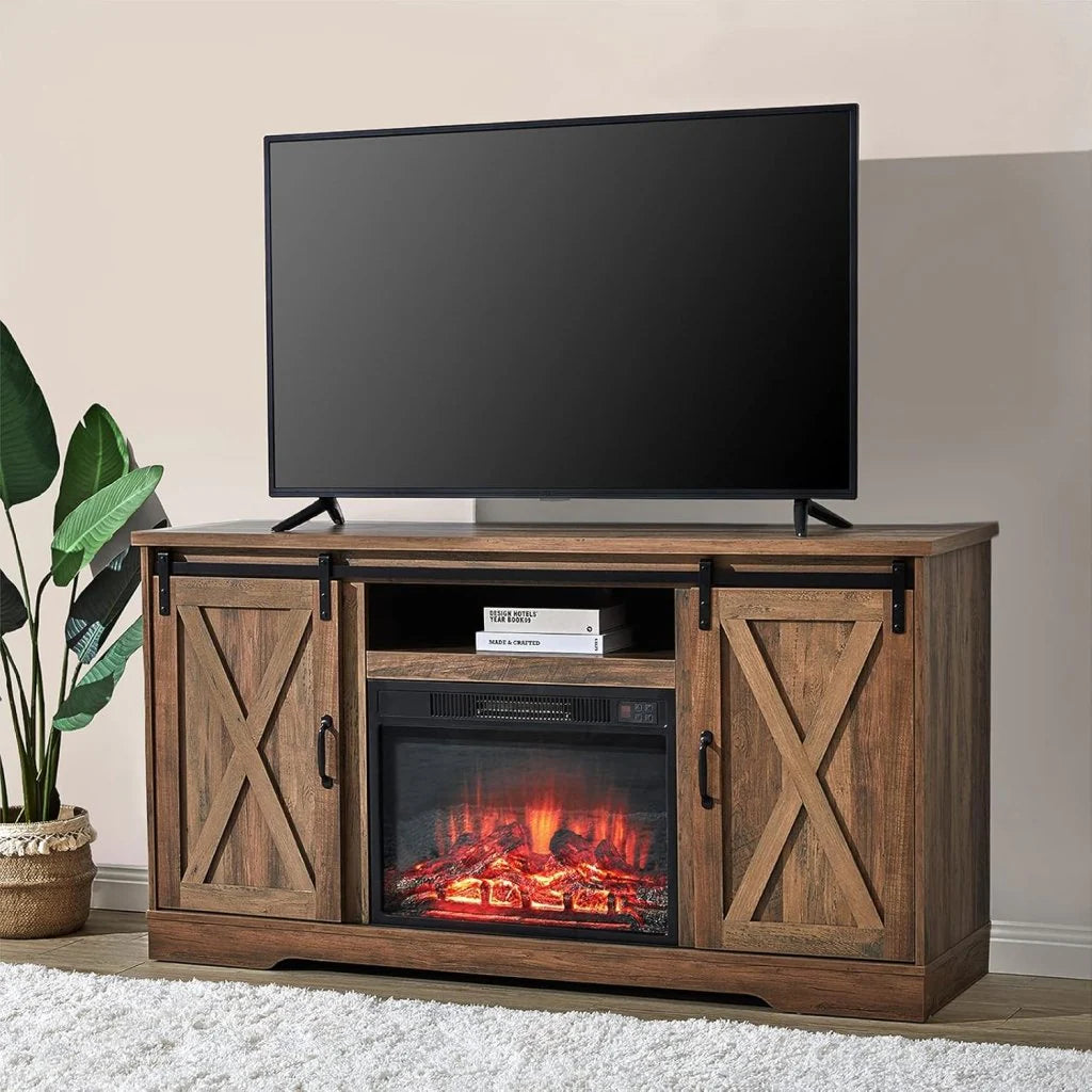 AMERLIFE Fireplace TV Stand with Sliding Barn Door for TVs up to 73, Farmhouse 63 Fireplace Entertainment Center with Storage Cabinets/Adjustable Shelves