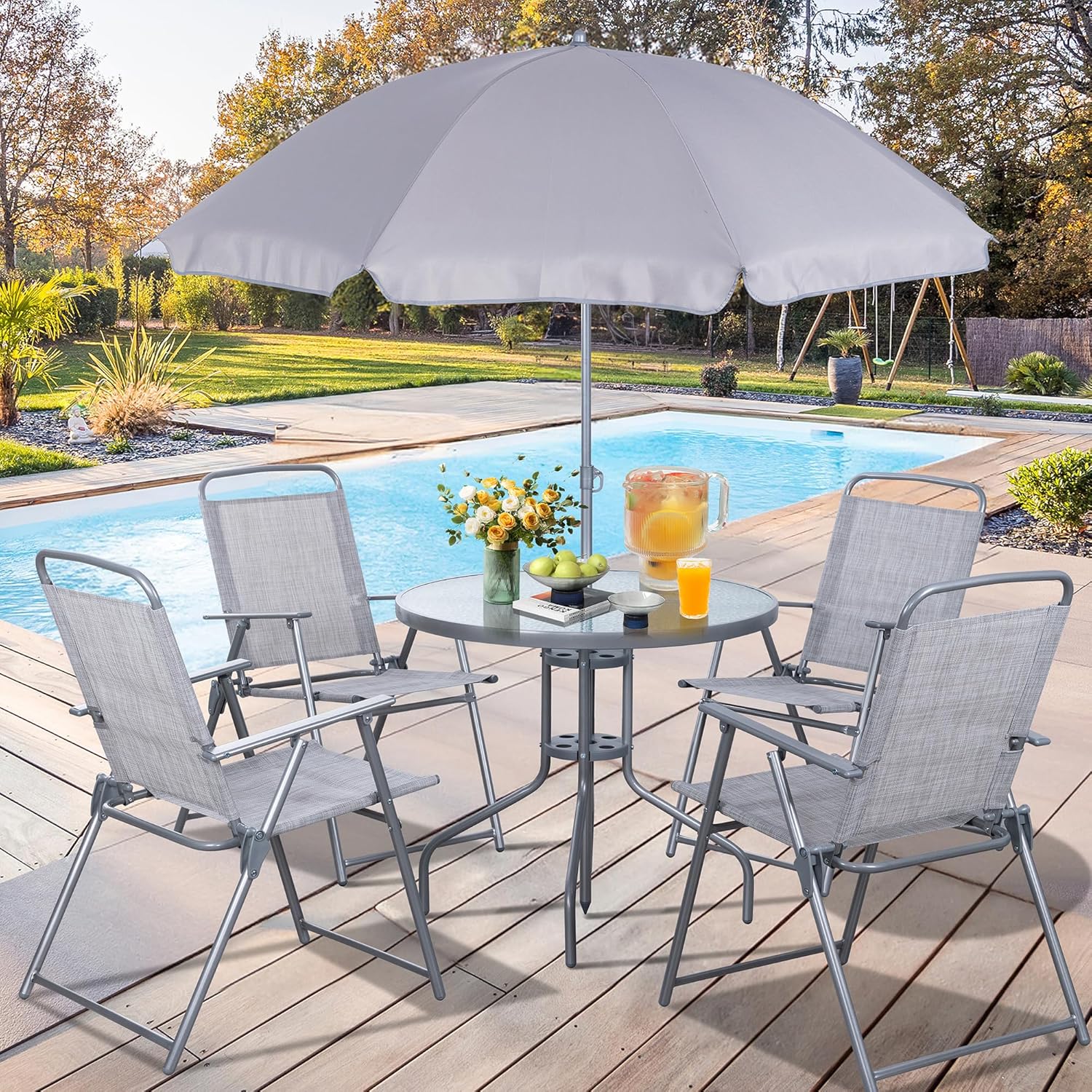 Vongrasig 6 Piece Folding Patio Dining Set Small Metal Outdoor Garden Patio Table and Chair Set