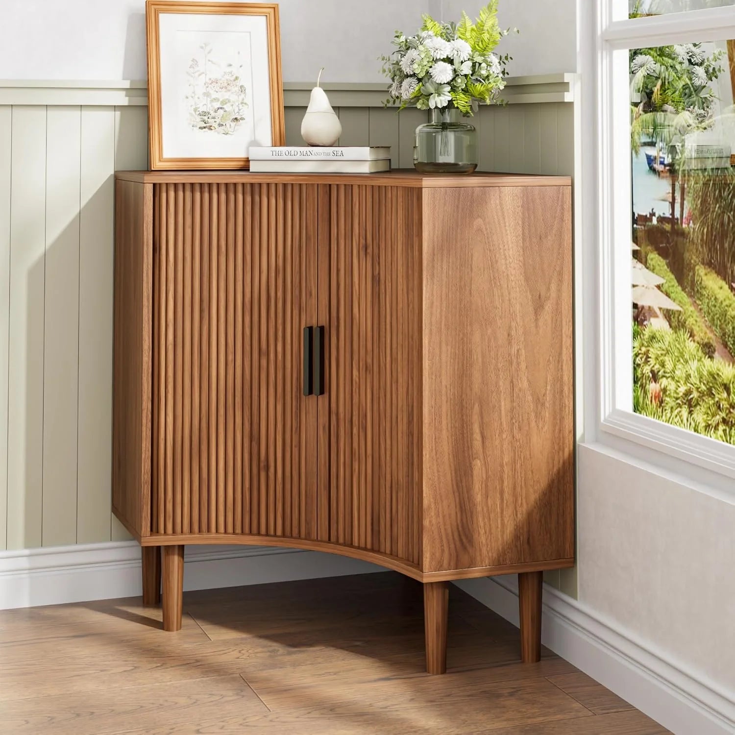 Fluted corner cabinet, small corner base cabinet modern wooden storage organizer