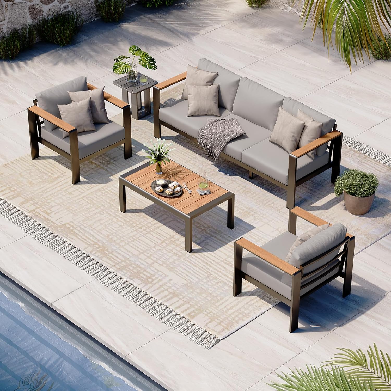 Aluminum Outdoor Patio Furniture Set with Coffee Table, 4 Piece Patio Conversation Sets with Washable Thick Cushions