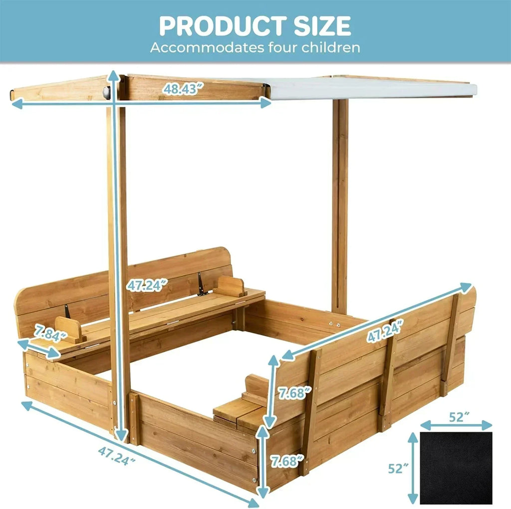 Kids Sandbox with Lid Wooden Sand Box Cover Outdoor UV-Protection Natural Wood Foldable Bench Seat