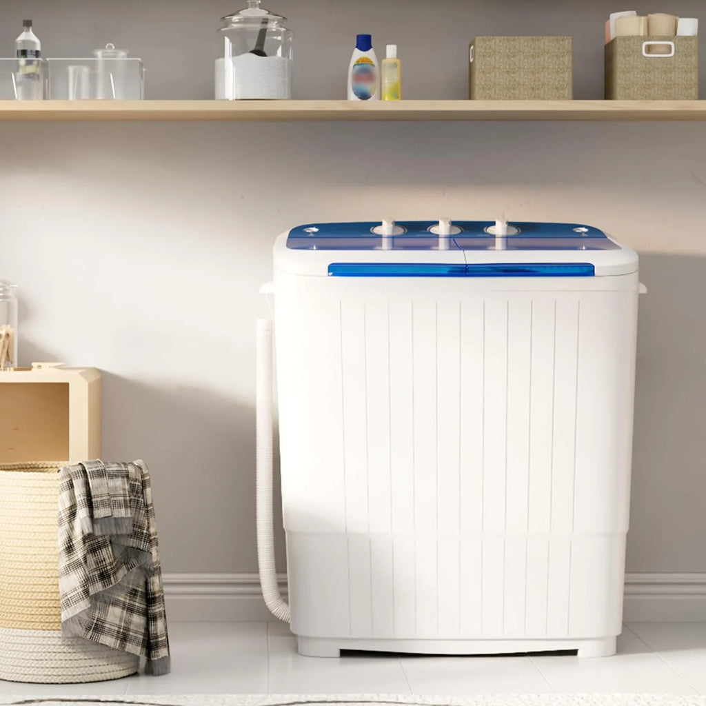 INTERGREAT Portable Washing Machine with Longer Hose, 16lbs Twin Tub Washer Mini Compact Laundry Washing Machine with Drain Pump, Semi-automatic Washer Combo for Dorms, Apartments, Blue