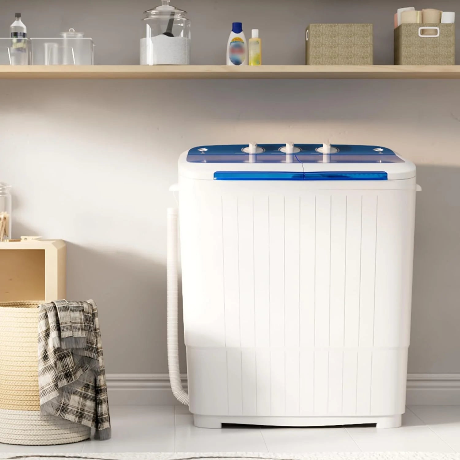 INTERGREAT Portable Washing Machine with Longer Hose, 16lbs Twin Tub Washer Mini Compact Laundry Washing Machine with Drain Pump, Semi-automatic Washer Combo for Dorms, Apartments, Blue