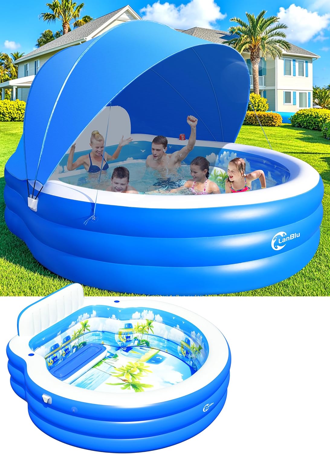 2025 Upgraded Inflatable Pool with Canopy Inflatable Family Lounge Pool Round Blow Up Pool