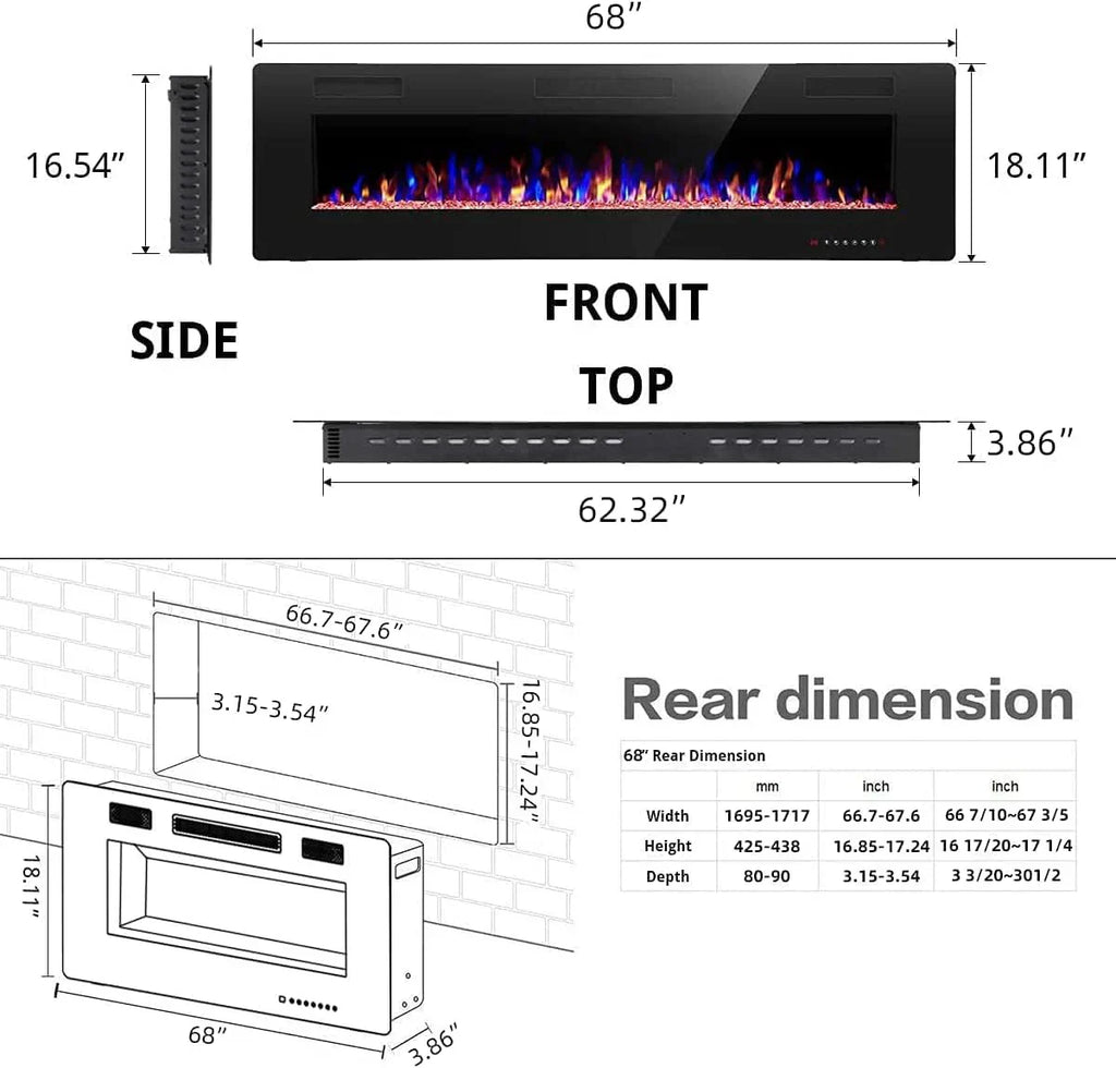 R.W.FLAME 60 Recessed and Wall Mounted Electric Fireplace Low Noise Fit for 2 x 6 Stud