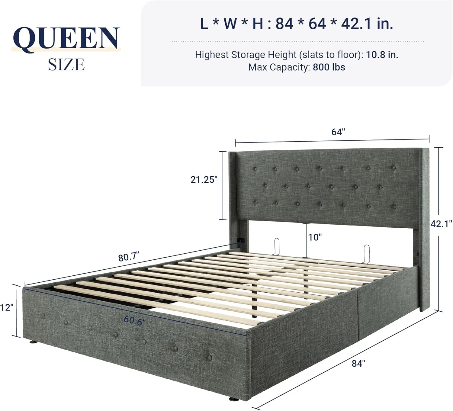 Allewie Queen Size Lift Up Storage Bed Modern Wingback Headboard Hydraulic Support