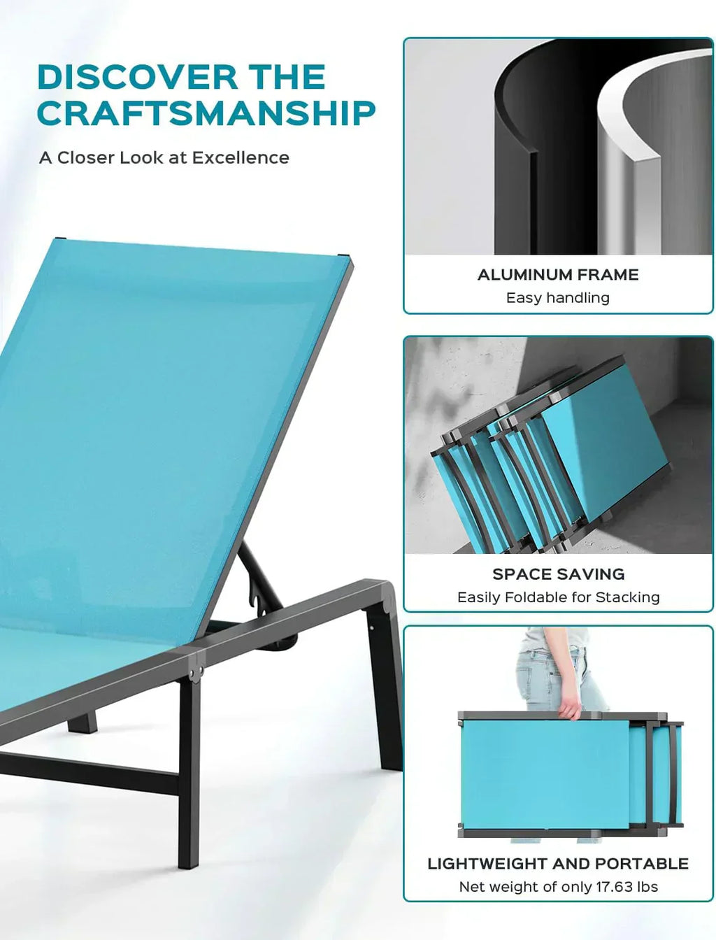 Aluminum Chaise Lounge Outdoor Foldable Assemble Free Outdoor Lounge Chair 5 Adjustable Backrest