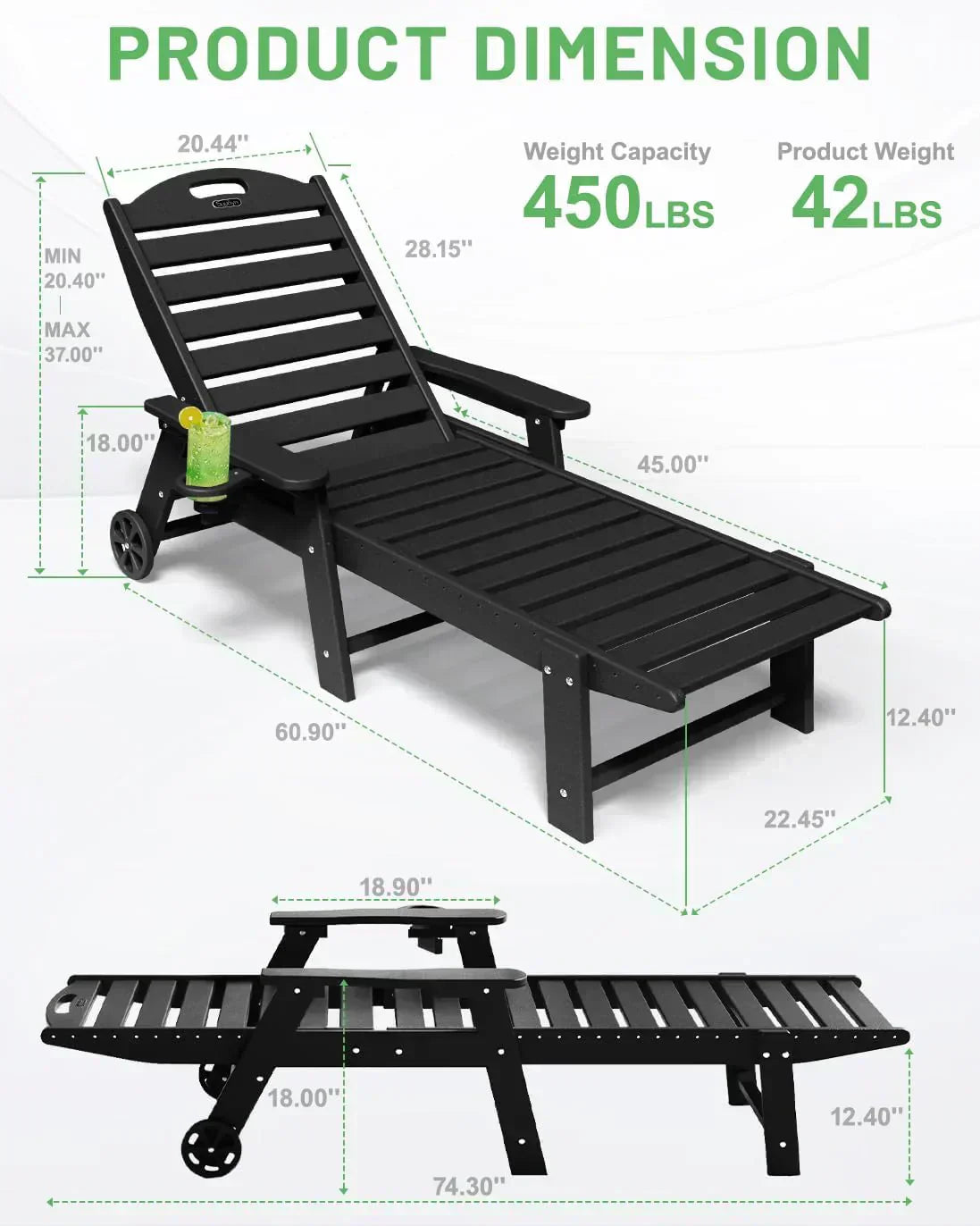 Lounge Chair Outdoor Chaise Lounge HDPE 6-Position Outdoor Chaise Lounge Patio Lounge Chair