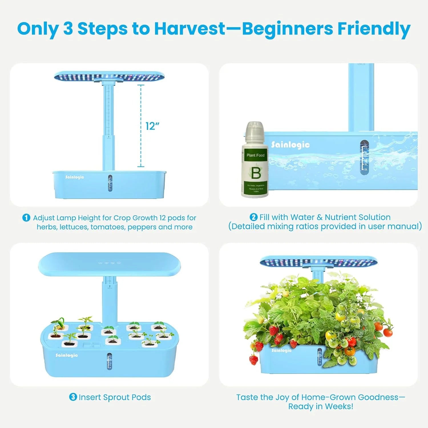 Sainlogic Hydroponics Growing System Kit, 12 Pods Watering Planter, Smart Indoor Garden with APP & WiFi Connected, 5 X Growth with 24W LED, Quiet Pump, for Vegetables, Herbs and Flowers