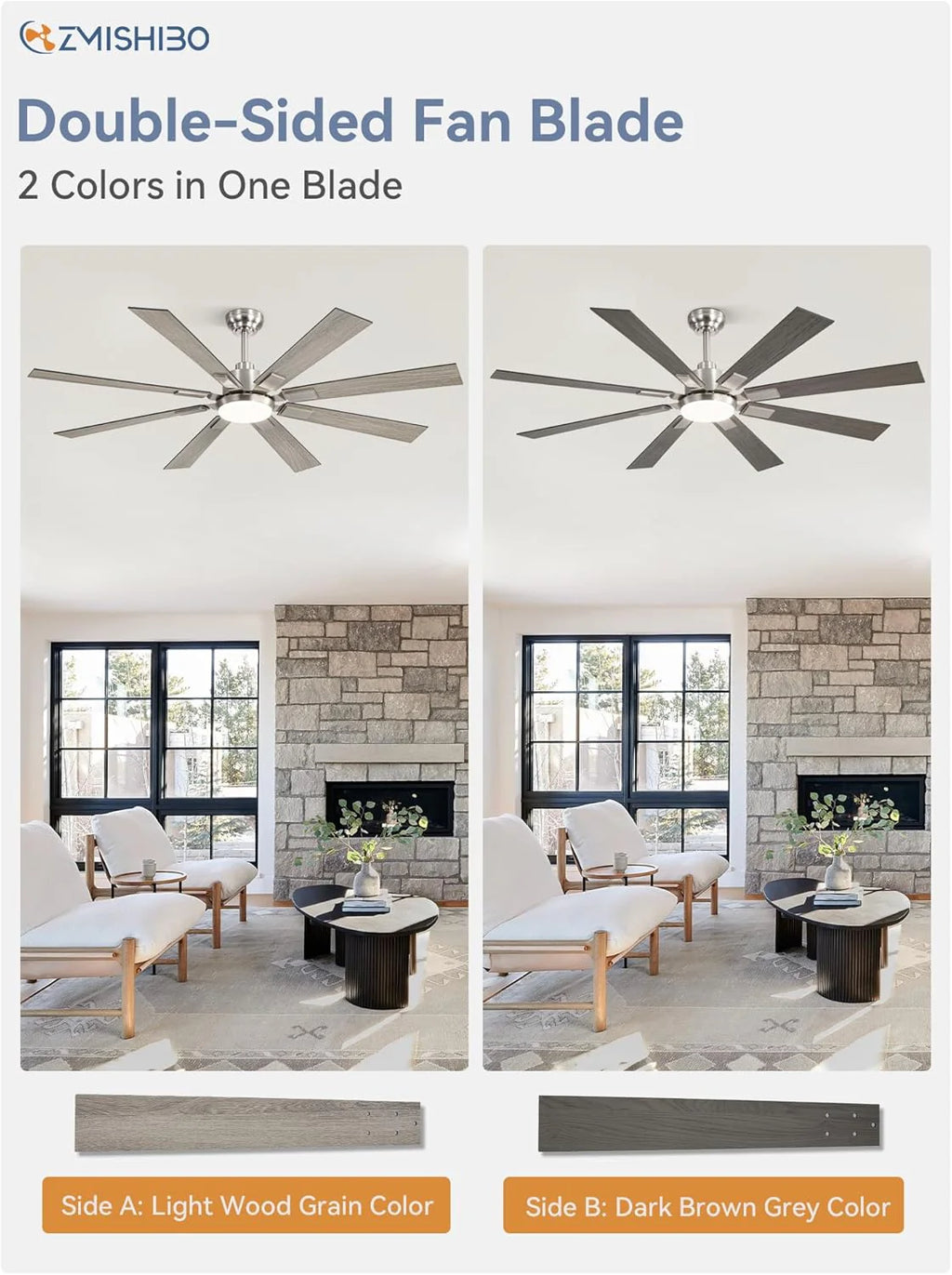 ZMISHIBO 72 inch Large Ceiling Fans with Lights and Remote, Indoor/Outdoor Black Modern Ceiling Fan for Kitchen Living Room Patio, 6 Speed Reversible Quiet DC Motor, 3 CCT, Dual Finish 8 Blades