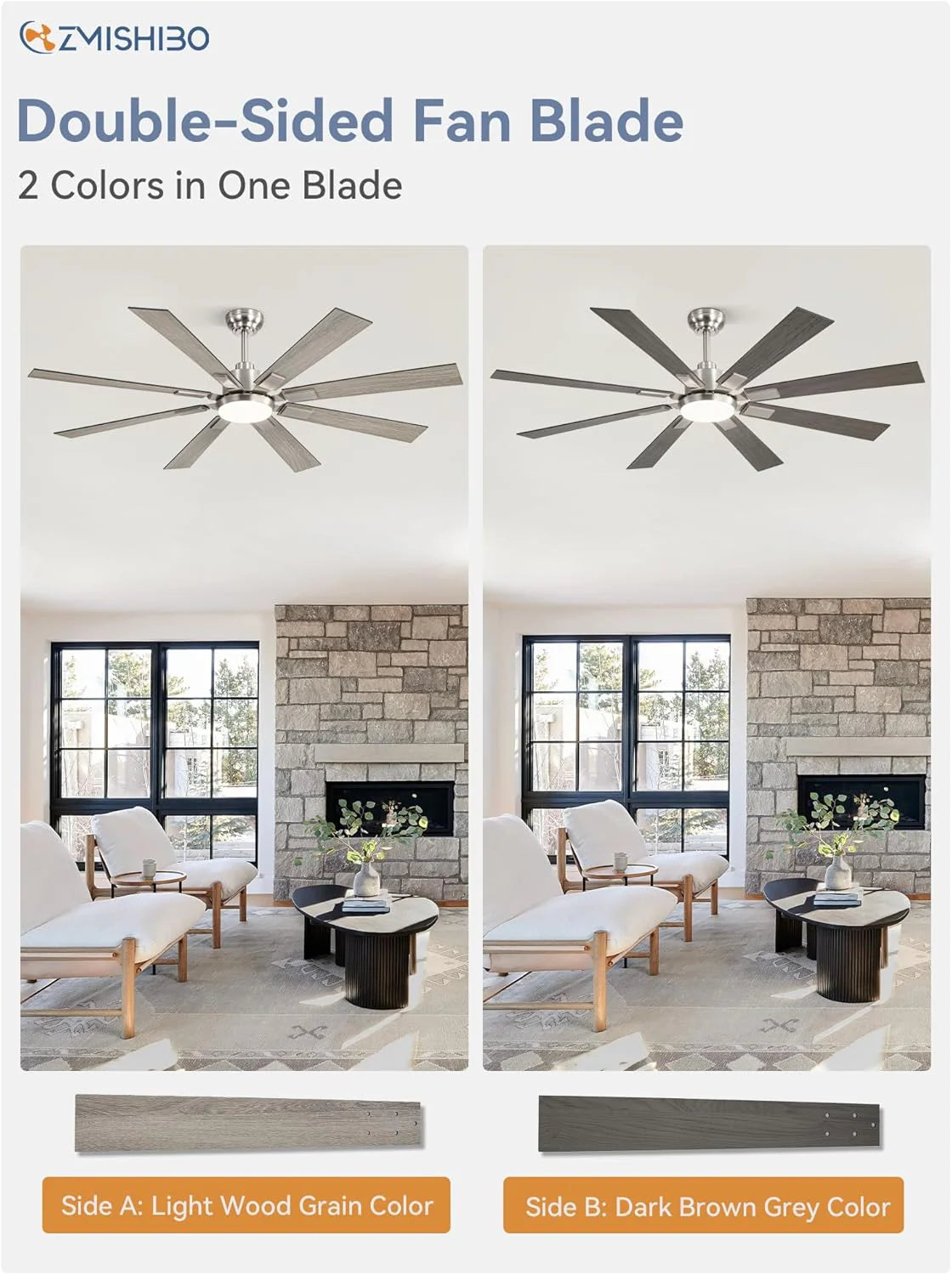 ZMISHIBO 72 inch Large Ceiling Fans with Lights and Remote, Indoor/Outdoor Black Modern Ceiling Fan for Kitchen Living Room Patio, 6 Speed Reversible Quiet DC Motor, 3 CCT, Dual Finish 8 Blades