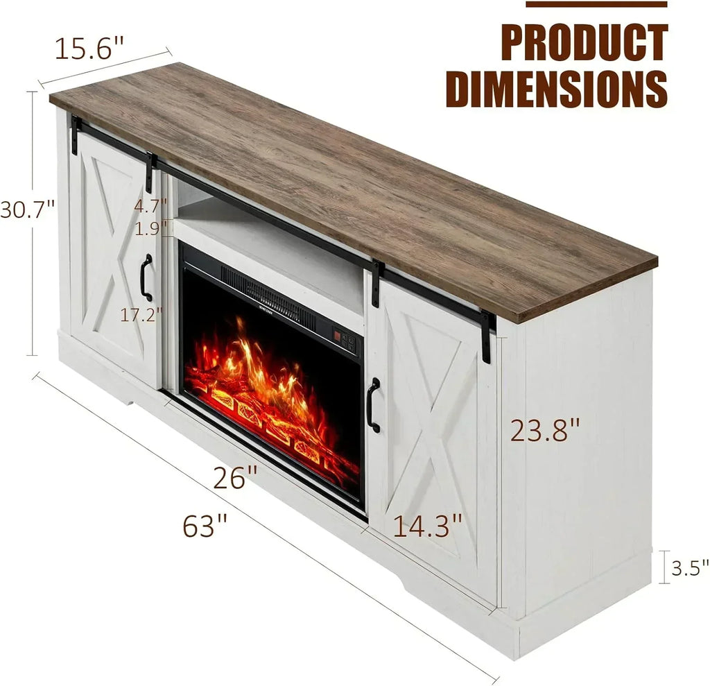 AMERLIFE Fireplace TV Stand with Sliding Barn Door  Farmhouse 63 Fireplace Entertainment Center