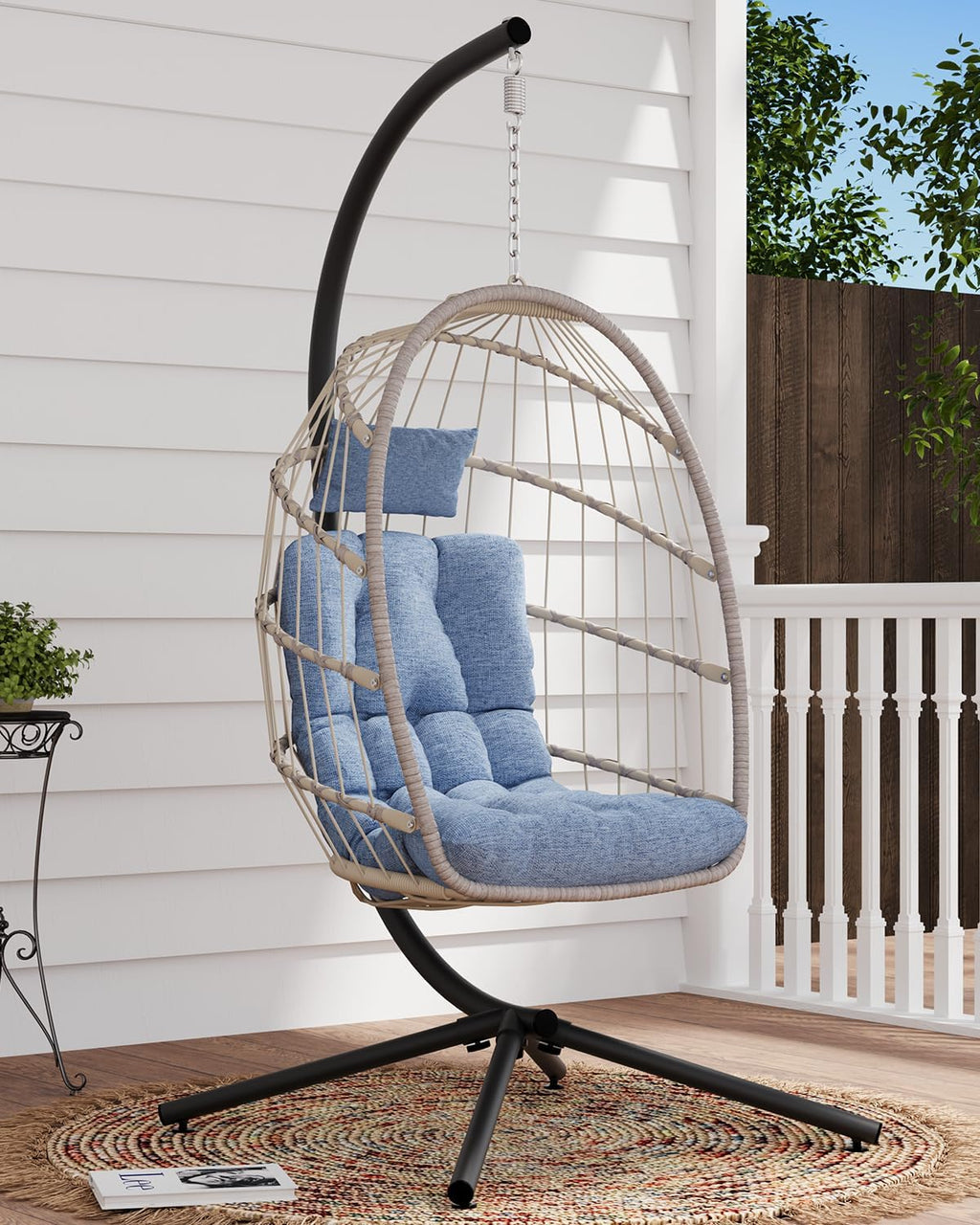 SWITTE Egg Chair Outdoor with Stand Indoor Wicker Hanging Egg Swing Chair with Cushion