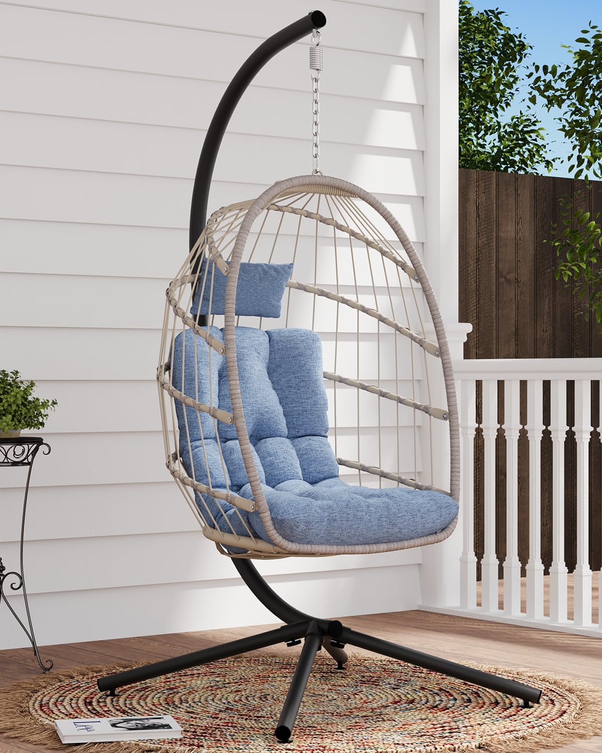 SWITTE Egg Chair Outdoor with Stand Indoor Wicker Hanging Egg Swing Chair with Cushion