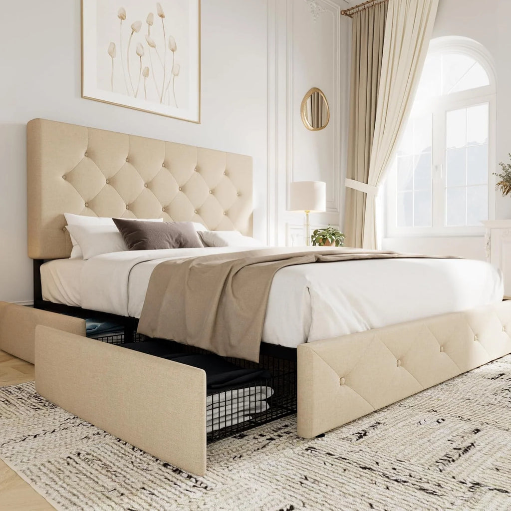 Allewie Upholstered Queen Size Platform Bed Frame with 4 Storage Drawers and Headboard