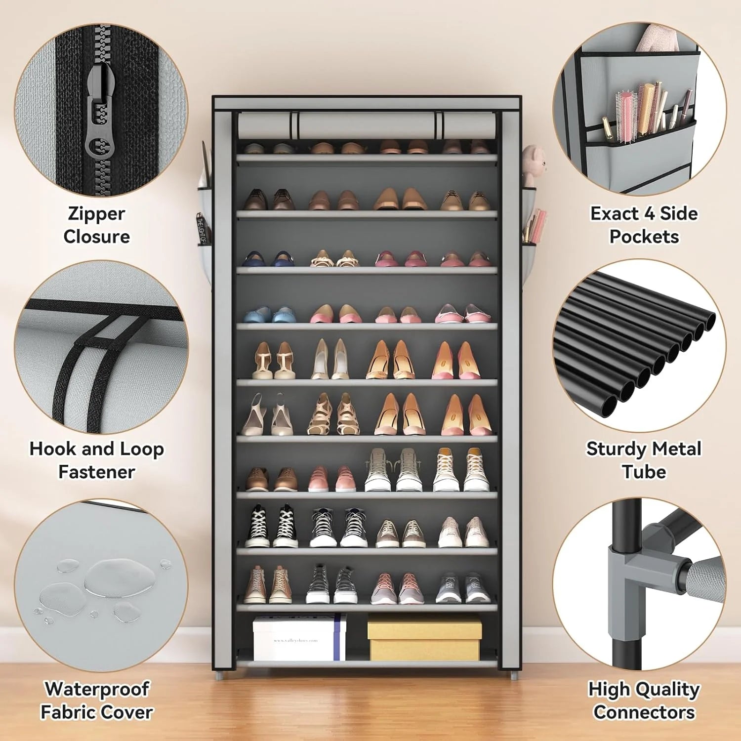 ROJASOP 10 Tier Shoe Rack with Covers Large Capacity Stackable Tall Shoe Shelf Storage