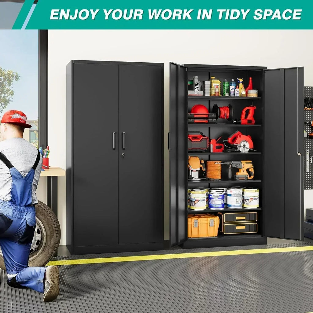 Metal Storage Cabinet with 2 Doors and 6 Shelves Black Metal Cabinet Garage Storage Cabinet