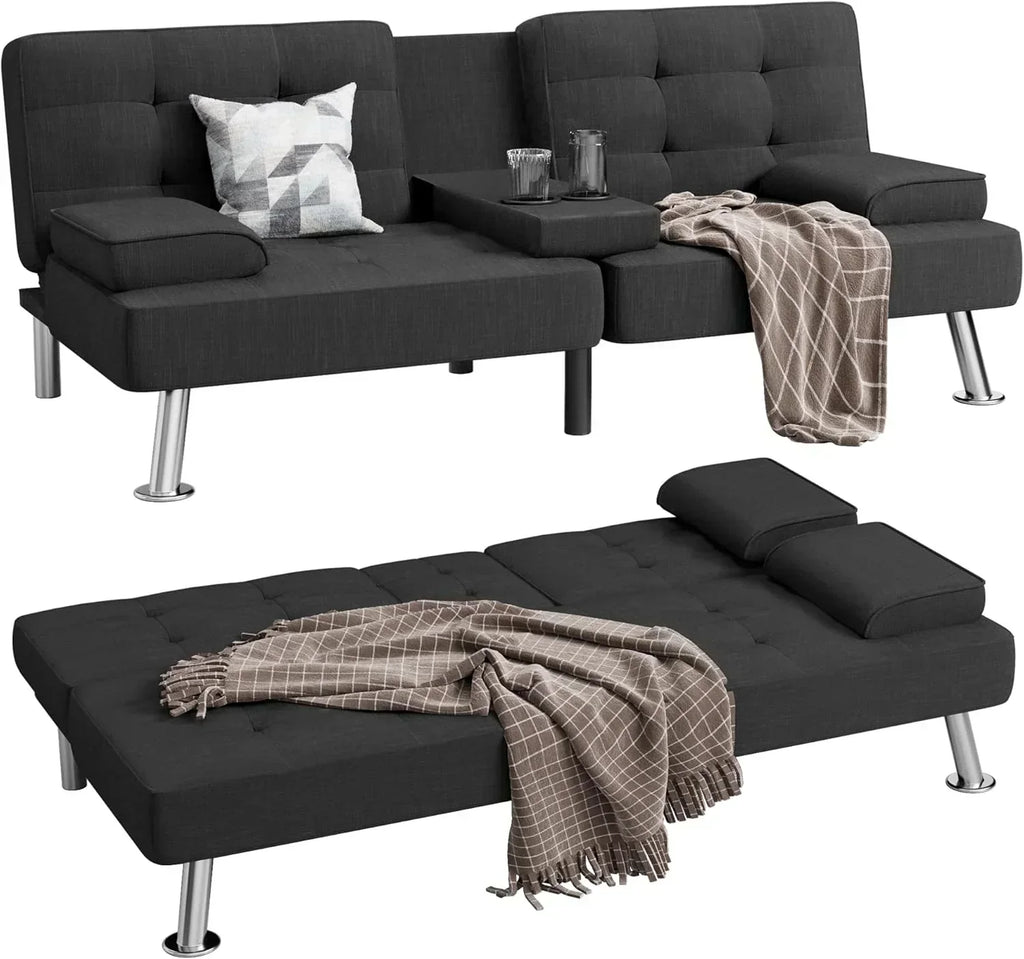Shahoo Modern Linen Upholstered Convertible Folding Futon Sofa Bed with Removable Armrests