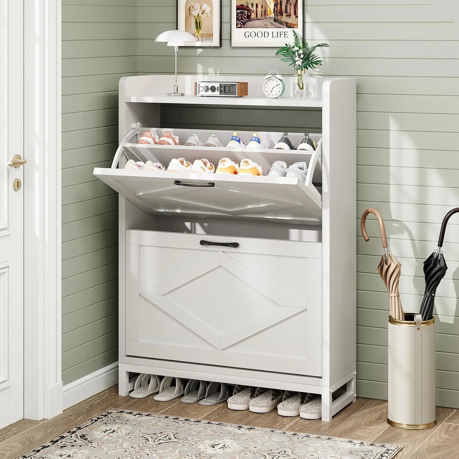 Shoe Cabinet, Shoe Storage Cabinet with 2 Flip Drawers & Adjustable Shelf