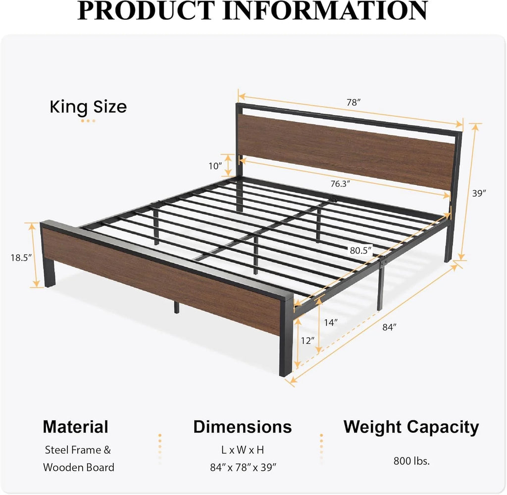 SHA CERLIN 14 Inch Full Size Metal Platform Bed Frame with Wooden Headboard and Footboard