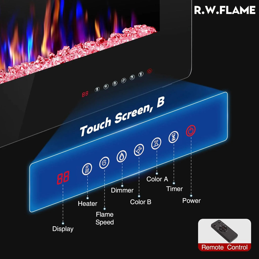 R.W.FLAME 60 Recessed and Wall Mounted Electric Fireplace, Low Noise, Fit for 2 x 6 Stud, Remote Control with Timer, Touch Screen, Adjustable Flame Color and Speed, 750-1500W