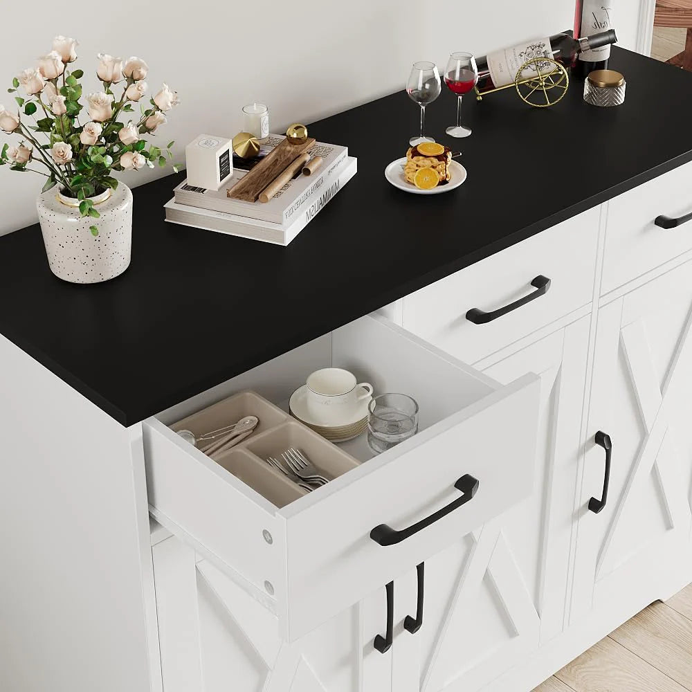 Modern farmhouse sideboard, barn door buffet storage cabinet with drawers and shelves, wooden coffee bar with storage