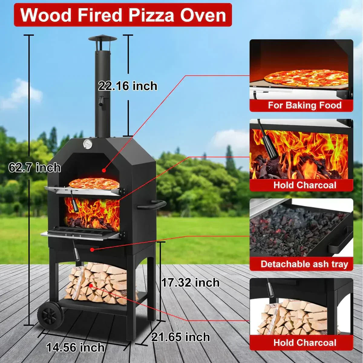 EDOSTORY Outdoor Pizza Oven Wood Fired for Outside Patio Maker With Stone Peel Grill Rack