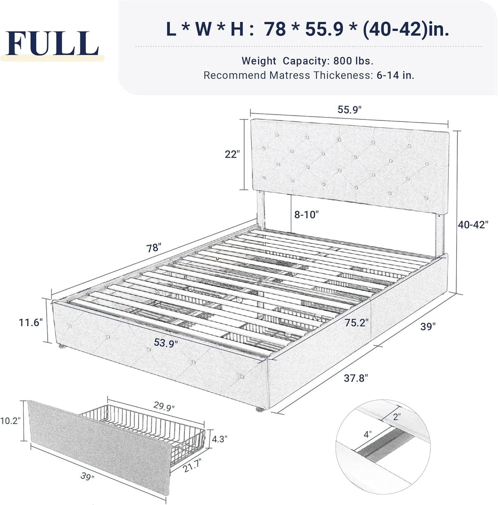 Allewie Upholstered Queen Size Platform Bed Frame with 4 Storage Drawers and Headboard