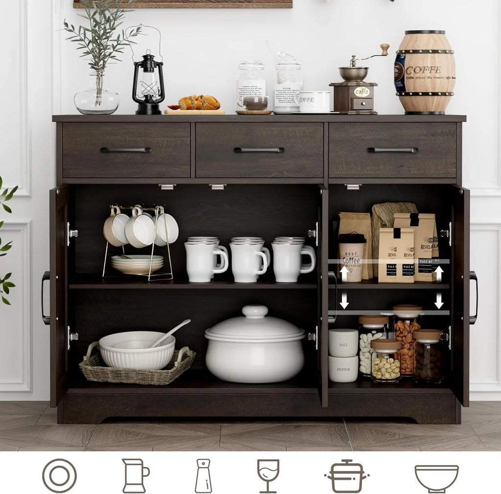 Modern farmhouse sideboard, barn door buffet storage cabinet with drawers and shelves, wooden coffee bar with storage
