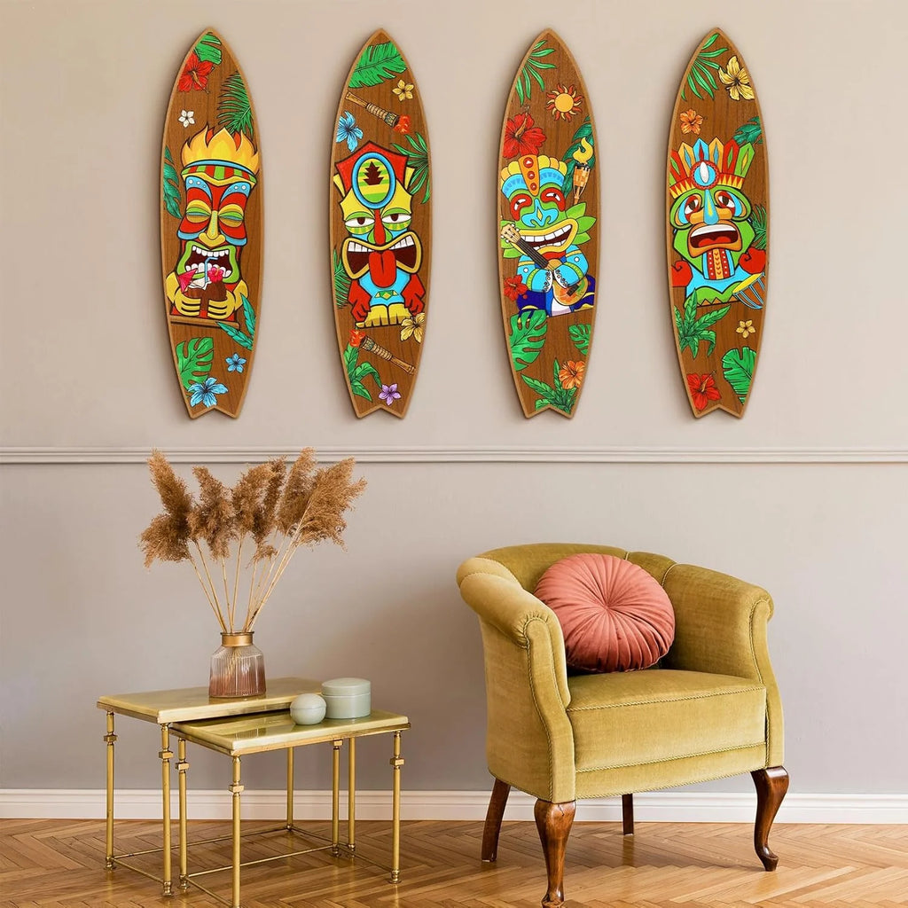 Blulu 4 Pcs Surfboard Wall Decor Surfboard Wall Hanging Sign Wooden Beach Decoration Summer Theme Decor Hawaiian Luau Party Decoration for Home Bar Aloha Tropical Birthday Party(Tiki)