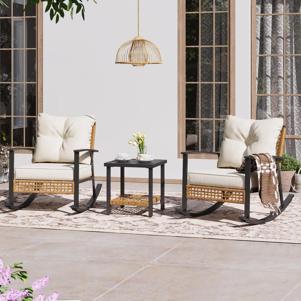 LAUSAINT HOME 3 Piece Rocking Bistro Set Outdoor Patio Furniture Oversize Rattan Conversation Set