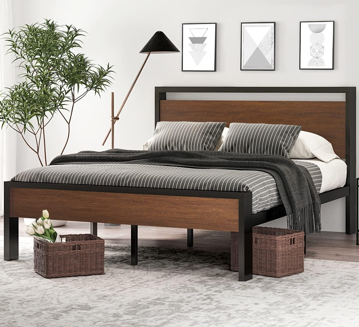 SHA CERLIN 14 Inch Full Size Metal Platform Bed Frame with Wooden Headboard and Footboard